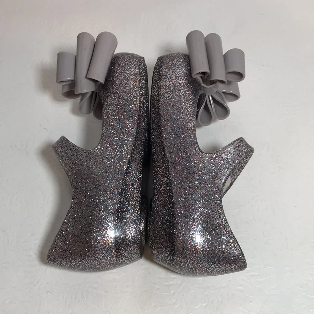 Mini Melissa Ultragirl Glittery Triple Bow Silver Jelly Shoes Size 7